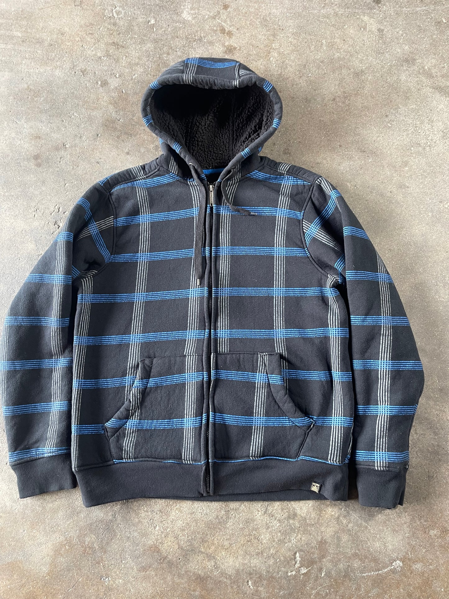 Black Blue Sherpa Lined Striped Zip Up Large